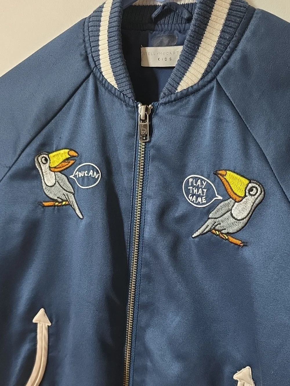 Stella McCartney Kids Navy Jacket with Toucan Patches, 8Y
